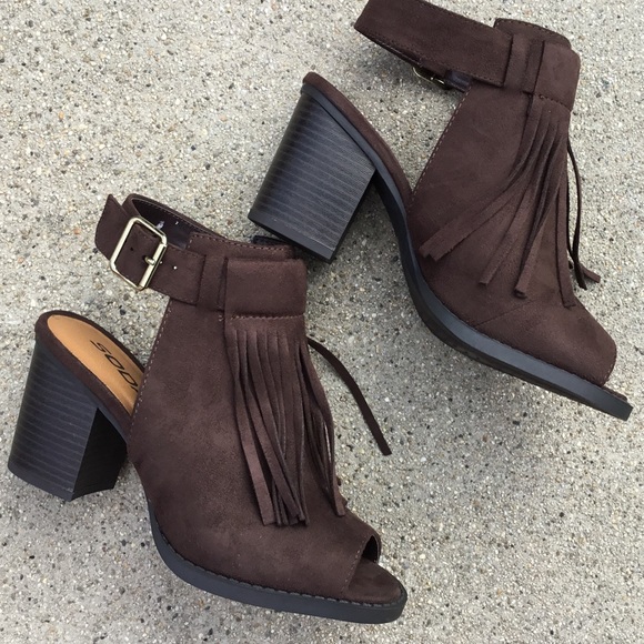Soda Shoes - Dark Cocoa suede fringe open heel and toe BOOTIE
